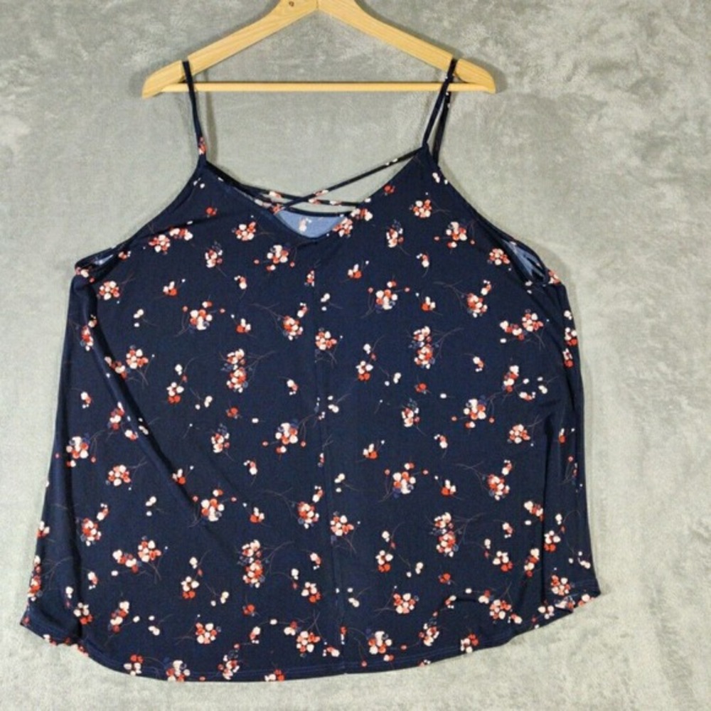Kaileigh Tank Top Womens 2X Navy Blue Floral Felda‎ Lattice Back Detail Knit